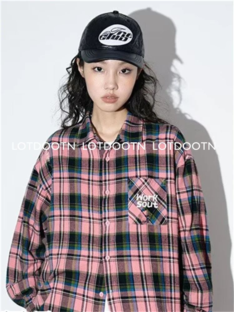 LOTDOOTN Women Vintage Long Sleeve Shirt Korean Oversized Plaid Shirt Autumn Winter Fashion Loose Lapel Pocket Shirt Embroidery