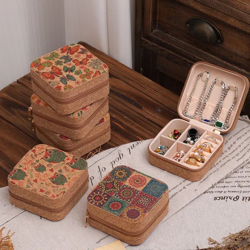 Wood Grain Printing Portable Travel Jewelry Storage Box Multifunctional Dustproof Zipper Small Square Box