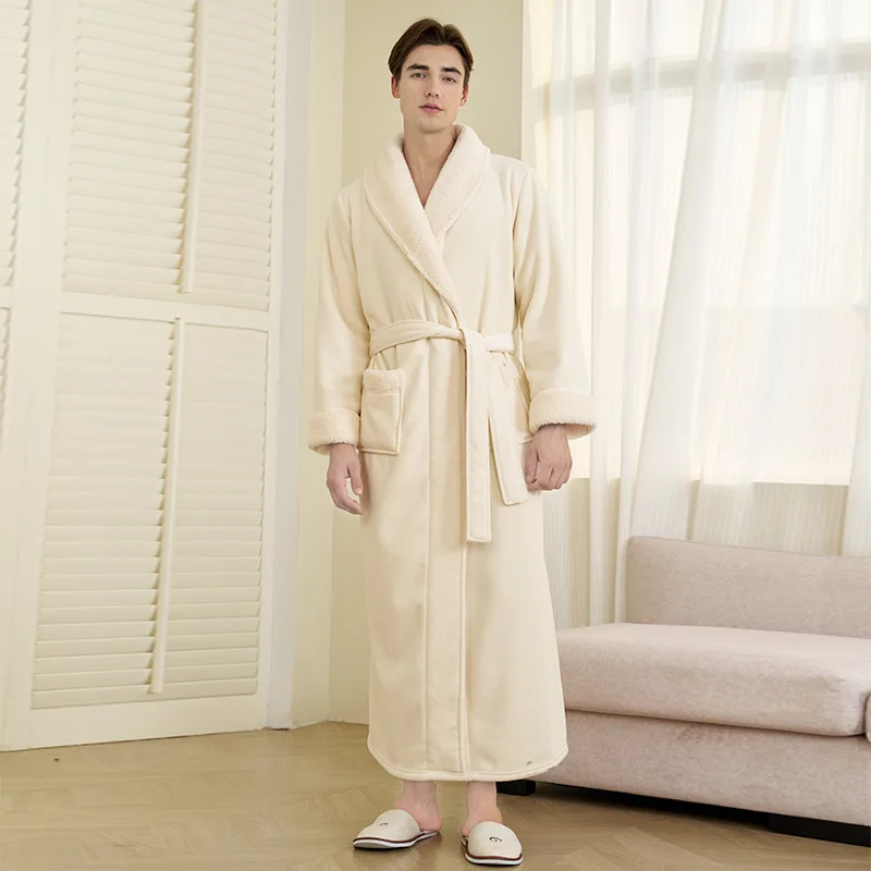Men's Double-Layer Thickened Robe for Autumn and Winter New Style Flannel Warm Sleepwear Plus Size Extended Home Morning Dress