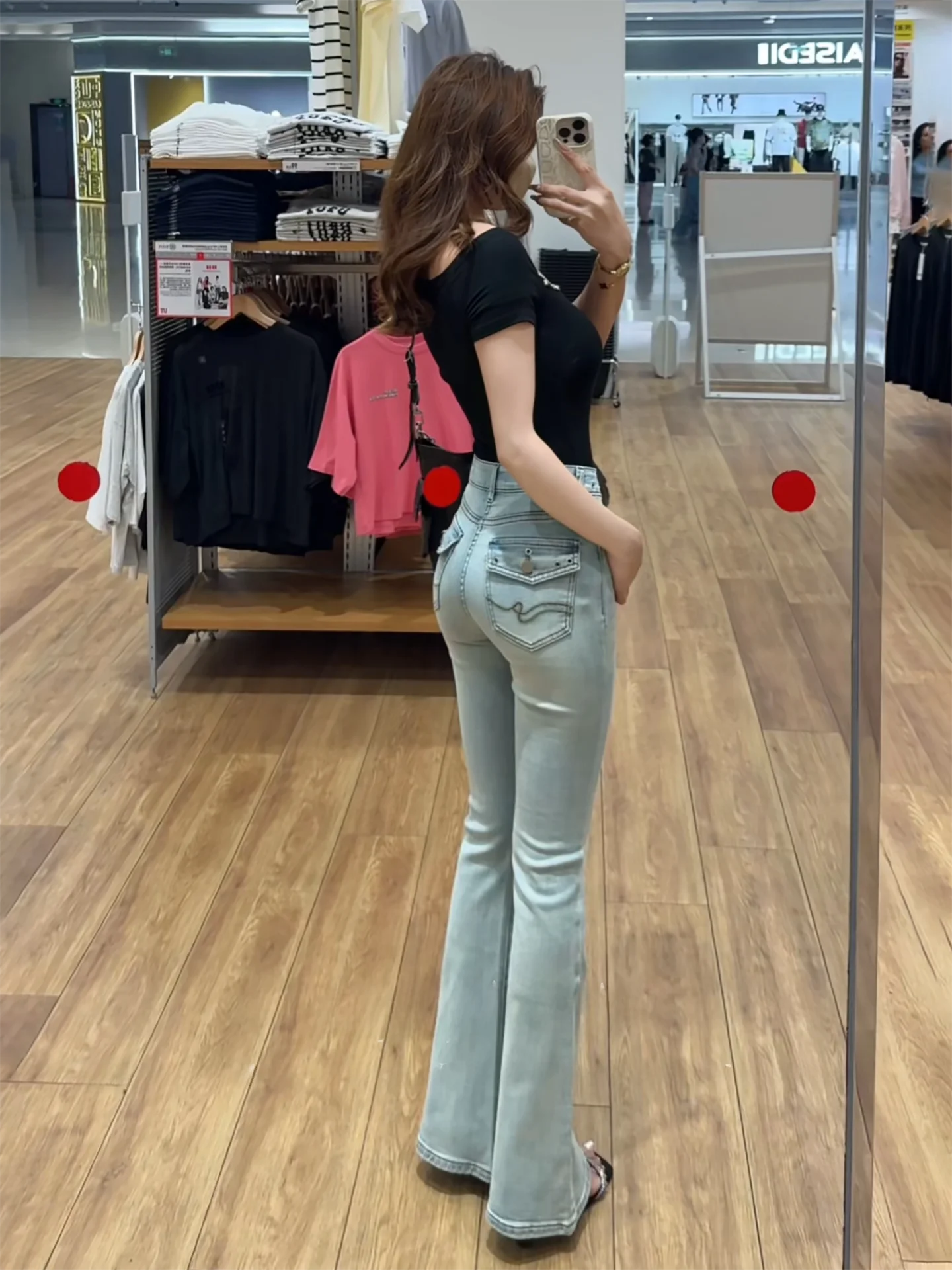 

Slim Fit High Waist Light Blue Denim Pants Women's Spring Season Metal Ring Design Micro Flared Long Trousers