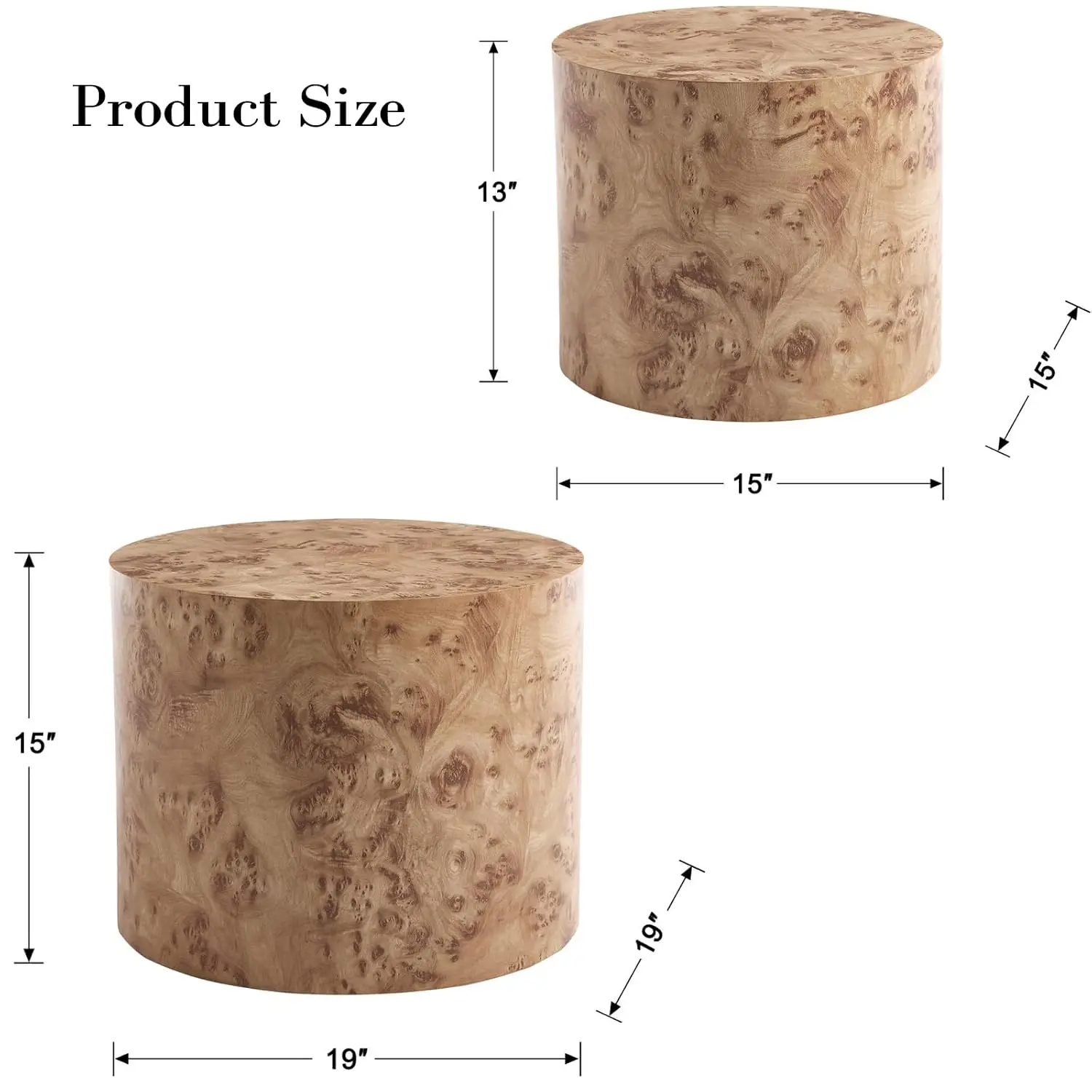 Round Nesting Coffee Table Set of 2, Wood Side End Table for Living Room Balcony Office, Natural Burl, No Assembly, Customized