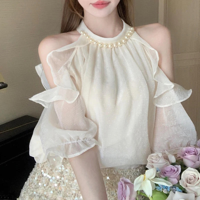 French Style Beaded Chiffon Blouse Sweet Off Shoulder Ruffles Shirt Solid Color Summer Women Tops