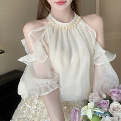 French Style Beaded Chiffon Blouse Sweet Off Shoulder Ruffles Shirt Solid Color Summer Women Tops