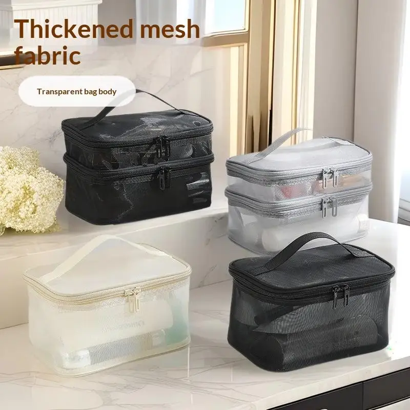 Portable Transparent Mesh Travel Bag Large Capacity Storage Toiletry Bag 2 Layer Makeup Case Toiletries Organization