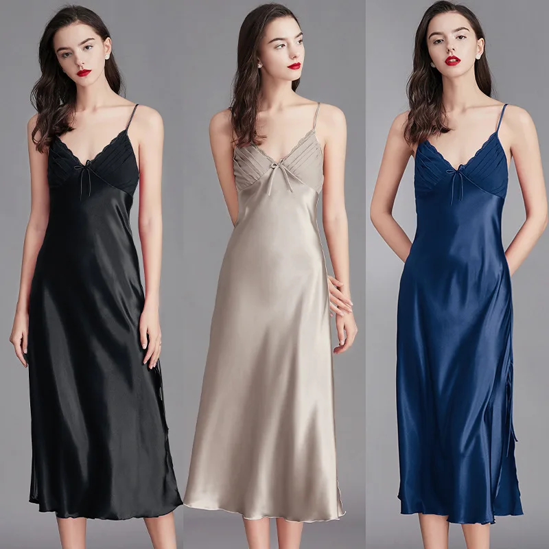 Suspender pajamas women's Xia Bing silk sexy split long pajamas bow loungewear