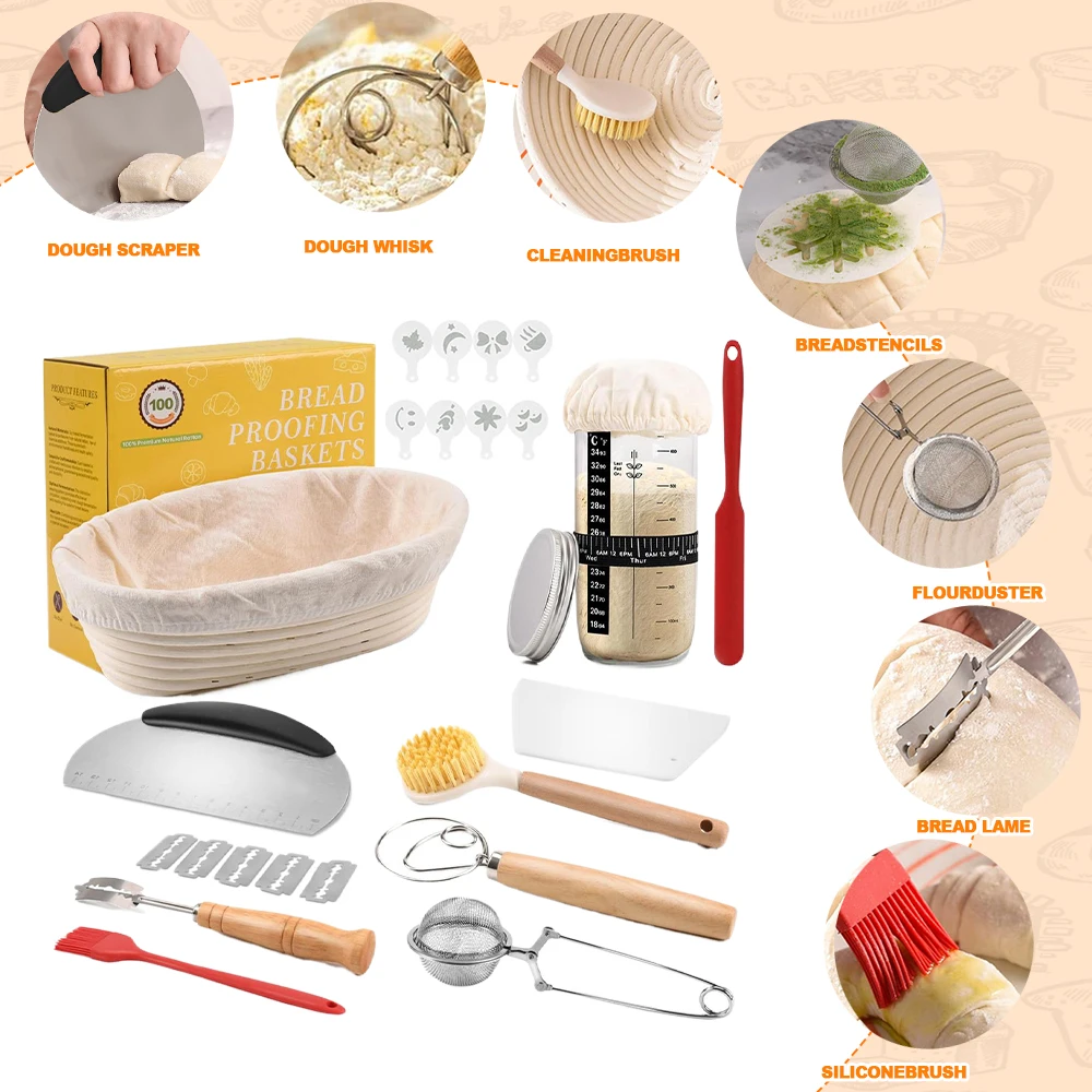 Sauerteig-Starter-Set: Lebensmittelechter Brotgärkorb mit 730ml Glasgefäß, Teigschneider und Silikonbürste für Mehlteig-Fermentation und Backzubehör