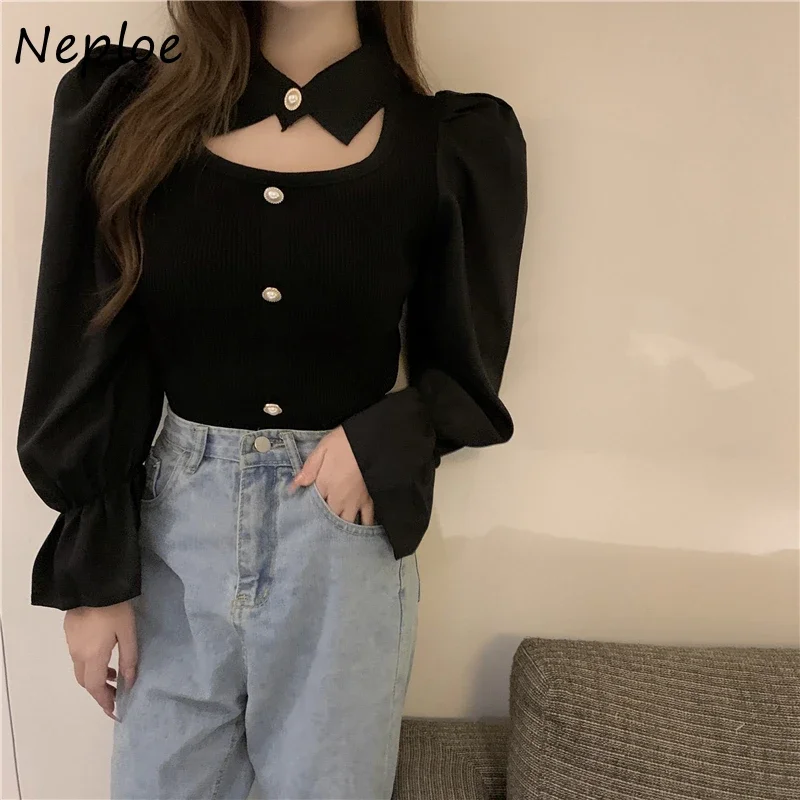 Turn Down Collar Spliced Shirt Woman Puff Long-sleeved Knit Tops Mujer 2024 New Autumn Temperament Sweater Pullover Women