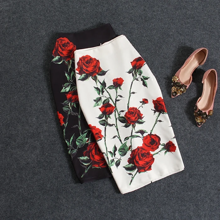 Summer New Rose Flower Sexy High Waist H-Shape Pencil Knee-Length Midi Skirt for Women plus Size Commute Korean Style