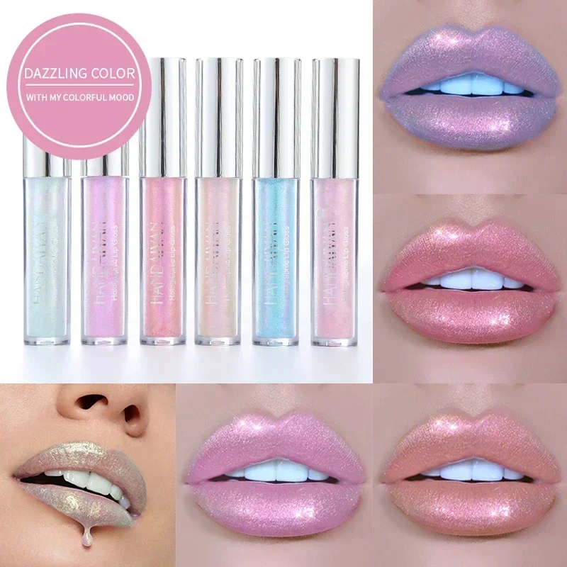 Brillo de labios holográfico láser, 6 colores, pigmento de sirena, brillo de labios duradero, maquillaje de labios metálico resistente al agua