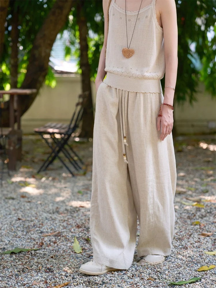 

Повседневные широкие брюки Ss Sense с эластичным поясом и шнурком, свободного кроя, изо льна, с художественным драпированным эффектом для отдыха