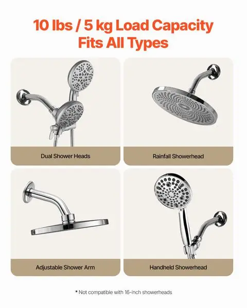 シャワーヘッドアーム フランジ付き 6 インチ 壁取り付け ステンレススチール クローム仕上げ