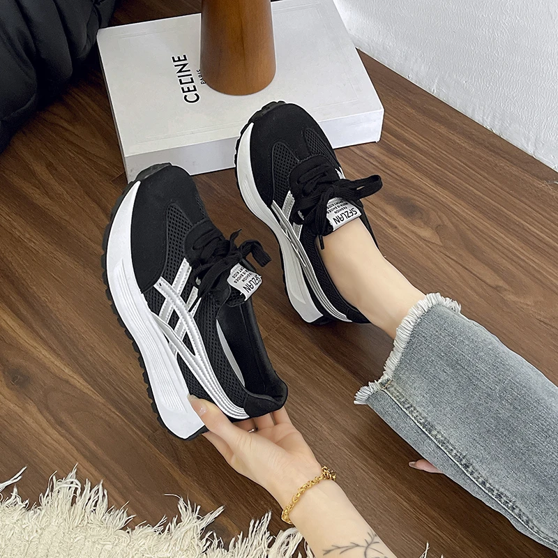 Women Platform Low Top Mesh Sneakers Woman Height Increasing Loafers Ladies Non-slip Walking Chunky Shoes Outdoor Trainers