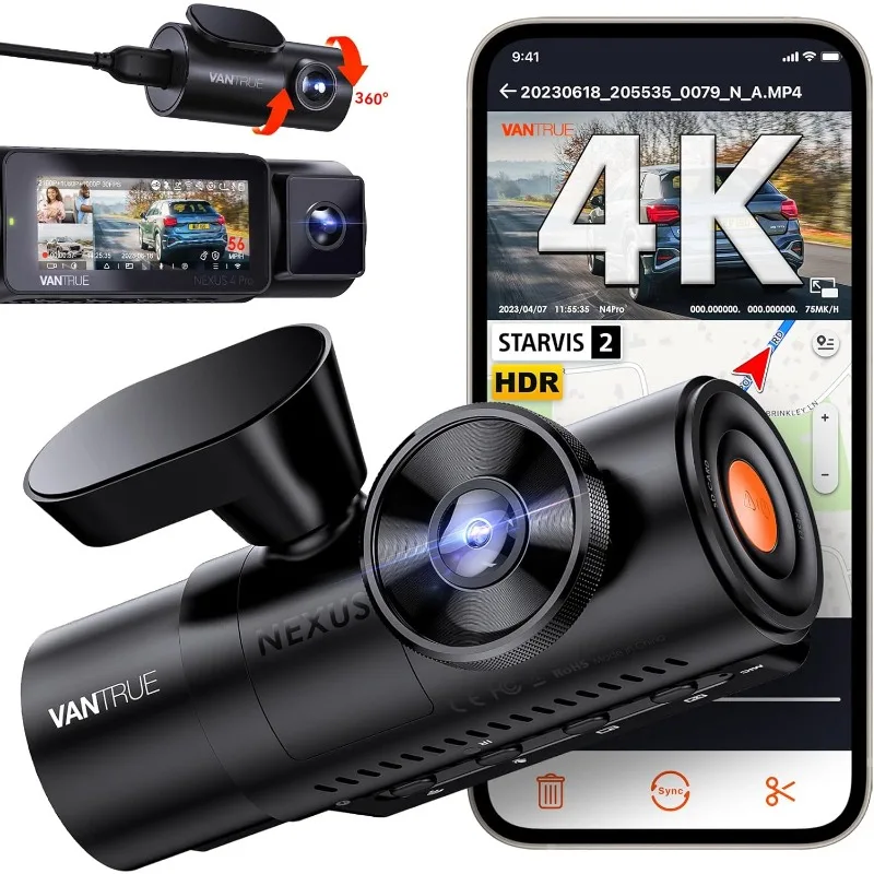 N4 Pro 3 Channel 4K WiFi Dash Cam,  Voice Control, GPS, 4K HDR, 24 Hours Parking Mode, Support 512GB Max