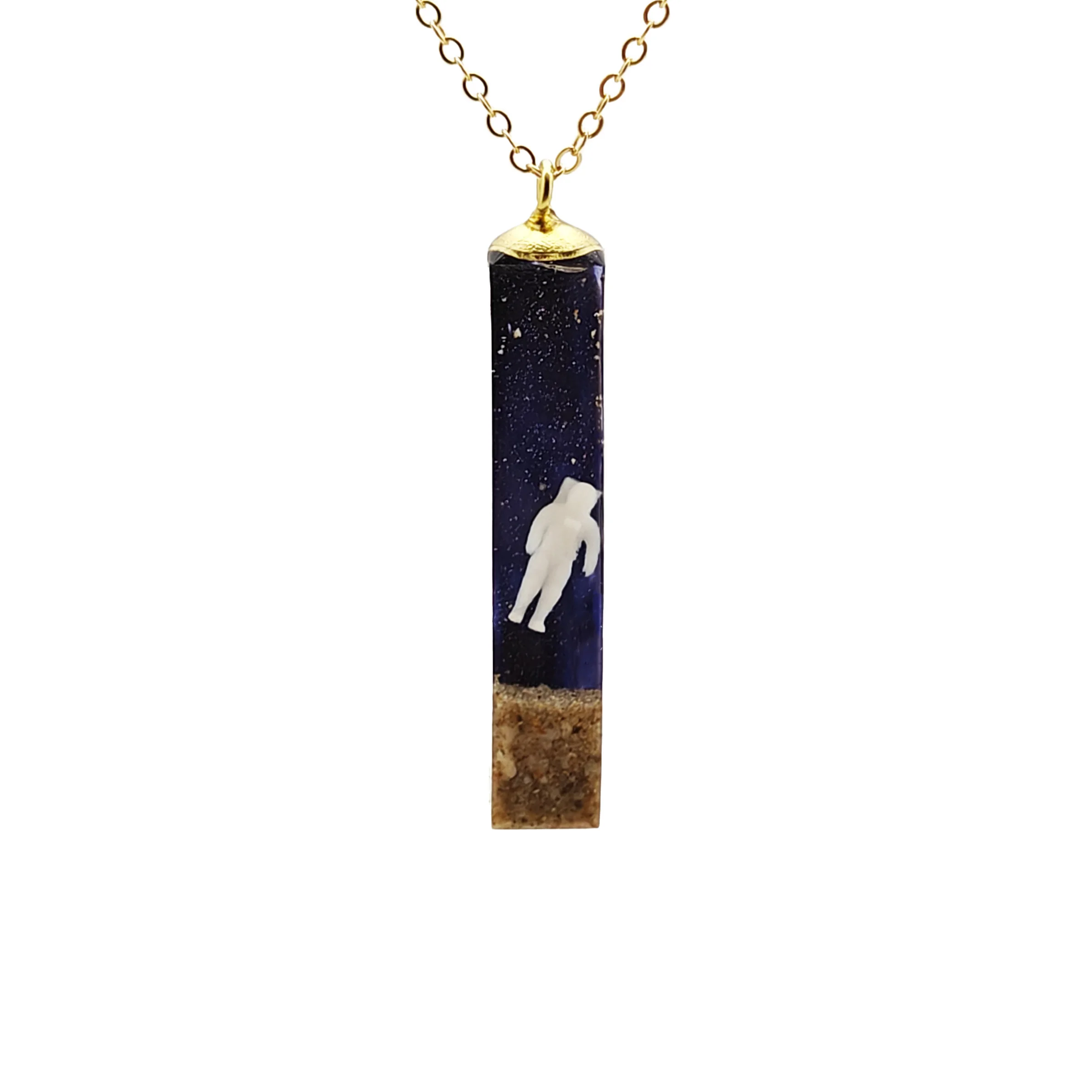 

Astronaut Floating Outer Space Starry Sky Cosmonaut Spaceman Cube Resin Gold Color Pendant Chain Long Necklace Women Handmade