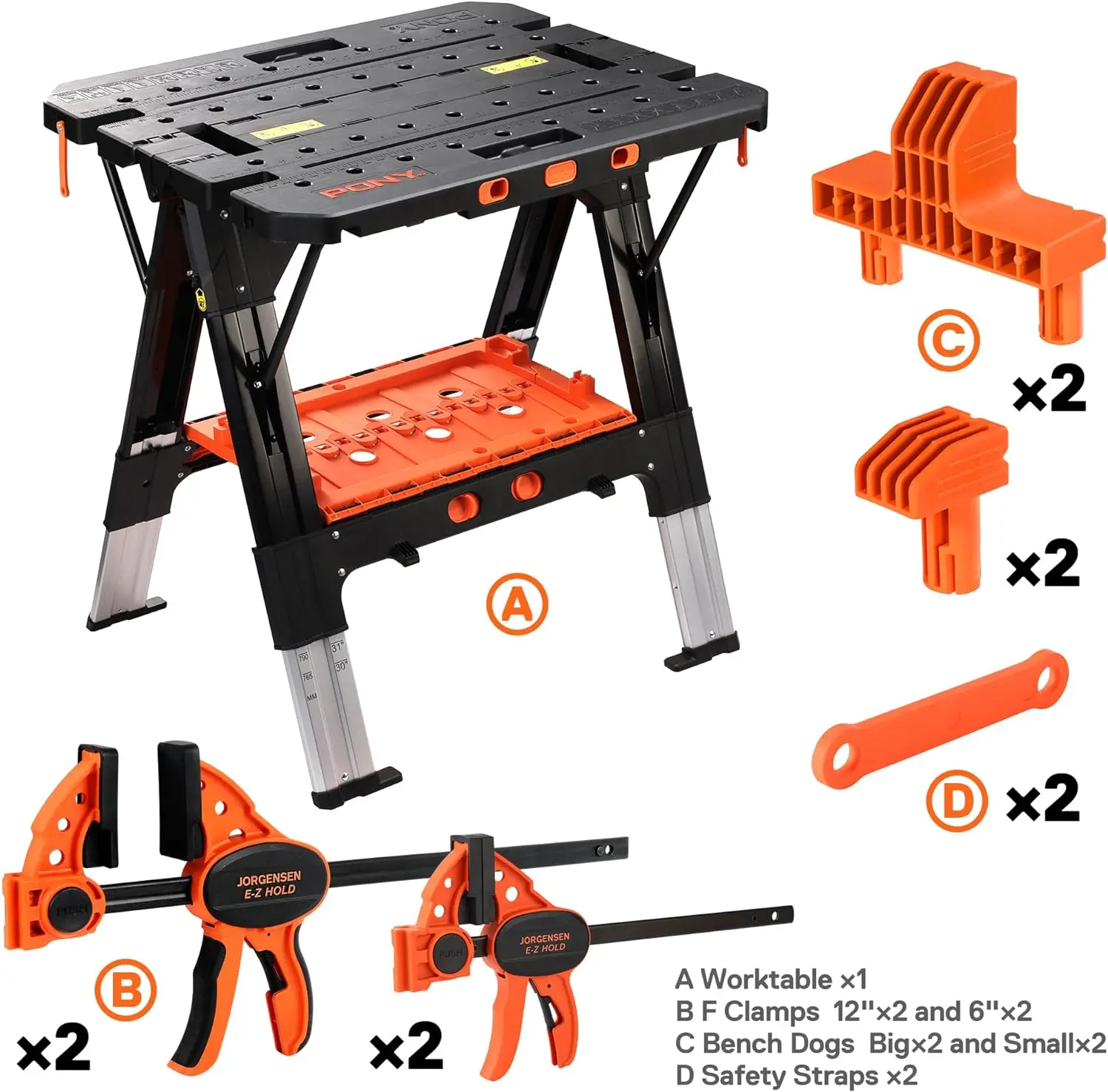 Portable Folding Work Table, 2-in-1 as Sawhorse & Workbench, Load Capacity 1000 lbs-Sawhorse & 500 lbs-Workbench