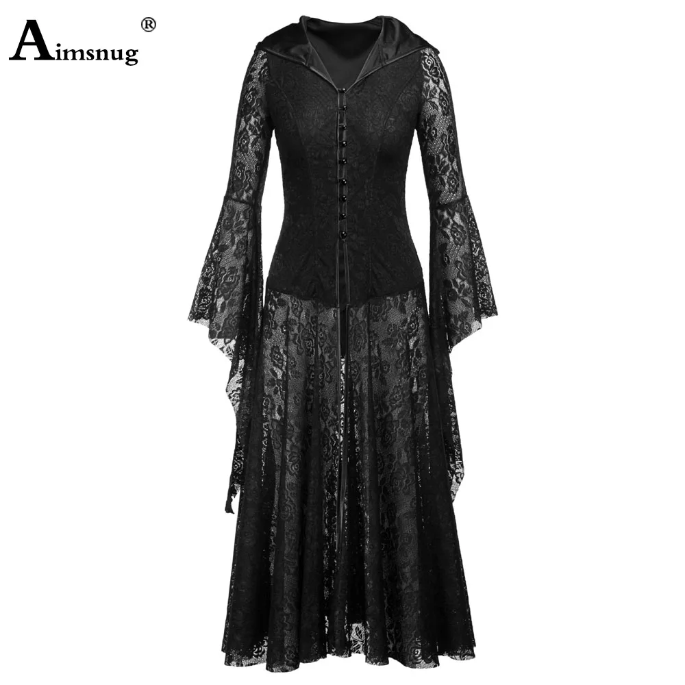 Women Elegant Vintage Mid-Calf Dress Womens High Cut Model Zipper Lace Party Dresses Female Hooded Gothic Dress Clothing 2023