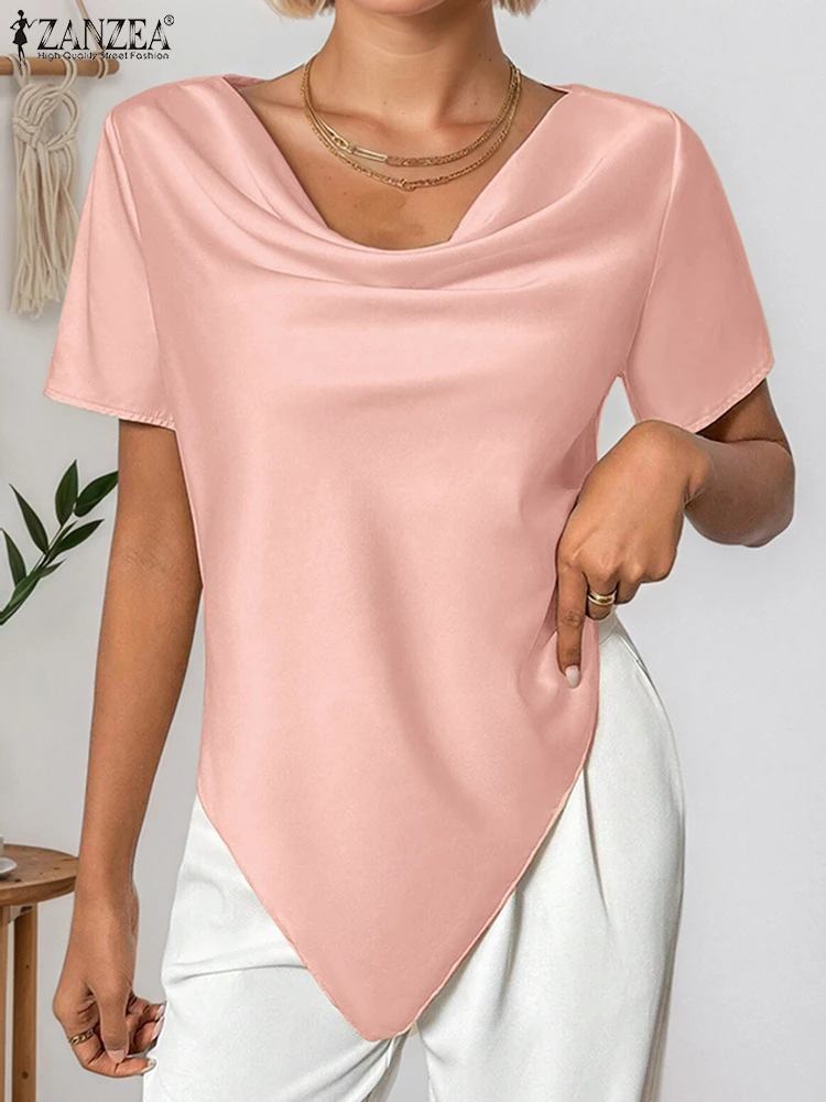 

Elegant ZANZEA Women Blouses Irregular Hem Short Sleeve Solid Color Tops Tee Streetwear Women's Clothing Blusas Oversize Tunic