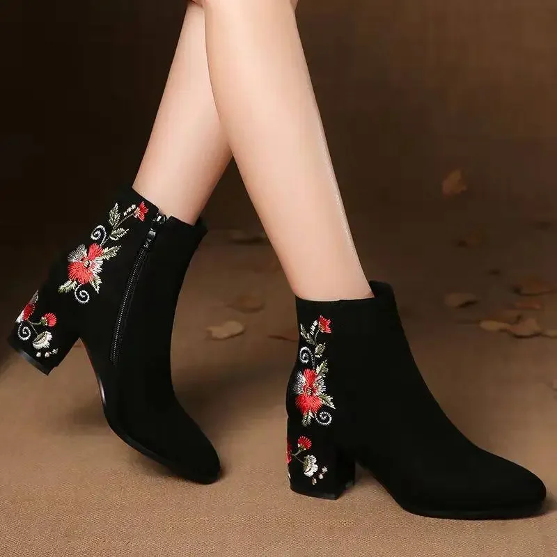 Comemore Women\'s Ankle Boots High Autumn And Winter Warm Cotton Shoes Women Suede Mid-heel Embroidered Mid-tube Booties Woman 40