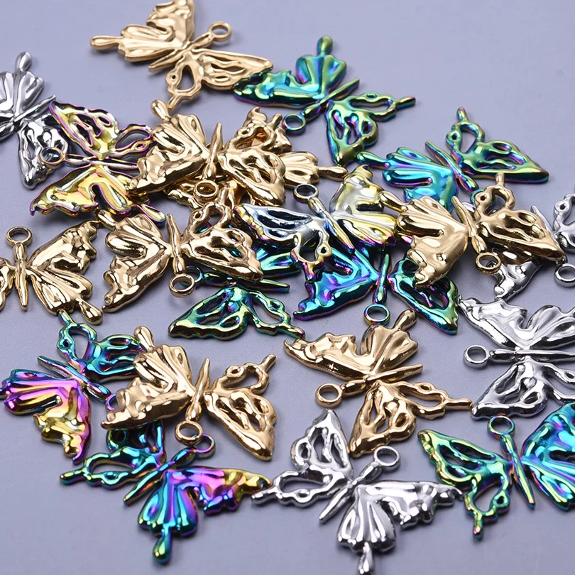 7pcs/Lot Nature Flowering Shrubs Animal Butterfly Fashion Charm Hollow Wings Stainless Steel Pendants Making Amulet Accessories