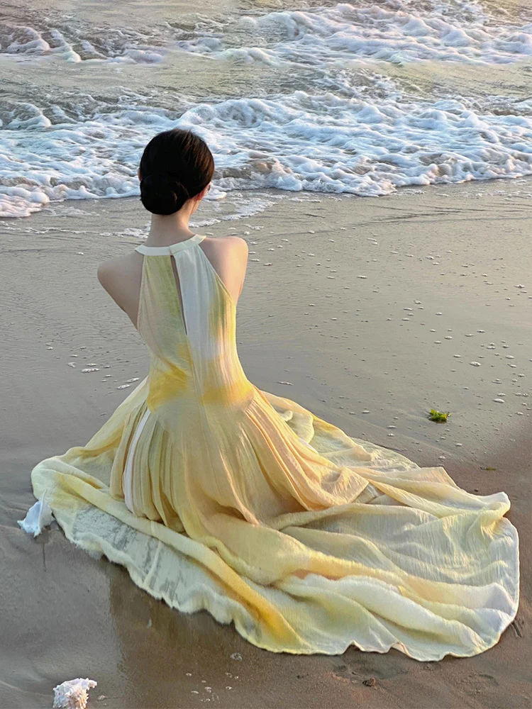 فستان سهرة من Vaion Beach Lazy Adient Long Ne Hanging Dr Loose Gentle Svel Dr Vintage Sle بياقة دائرية