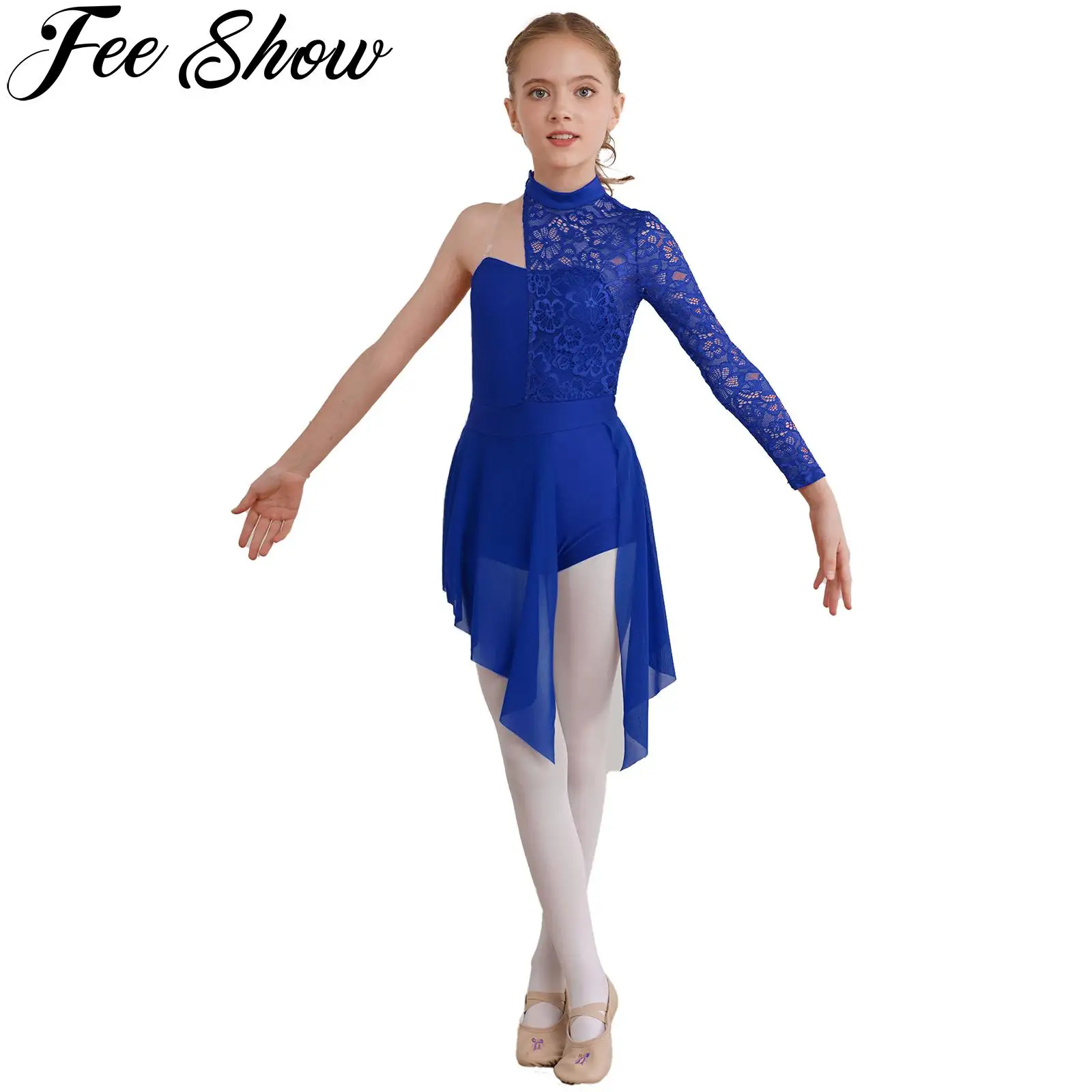 Kids Girls Figure Skating Lyrical Dance Dress One Shoulder Floral Lace Leotard Ballet Gymnastics Stage Performance Dancewear