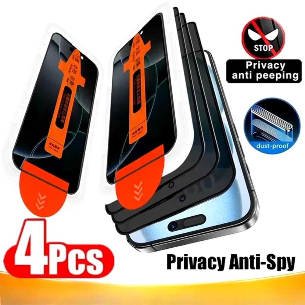 

Комплект из 4 защитных стекол с полным покрытием экрана для iPhone 17, 16, 15, 14 Pro Max, 17e Air, 16, 15 Plus, 13, 12, 11 Pro, с защитой от шпионажа и установкой без пыли