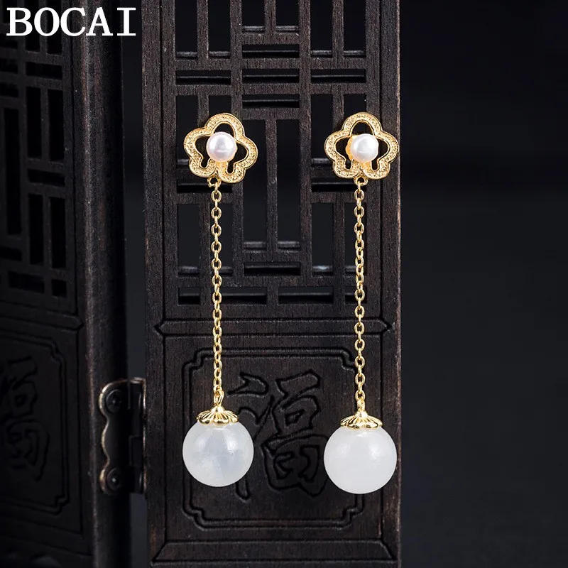 

Серьги BOCAI NEW S925 из серебра 925 пробы с модными и простыми круглыми бусинами из хотанского нефрита и зеленого агата