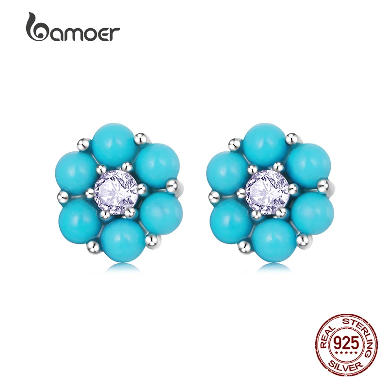 Bamoer 925 Sterling Silver Natural Turquoise Flower Ear Studs Earrings for Women Fine Jewelry Birthday Valentine's Day Gifts