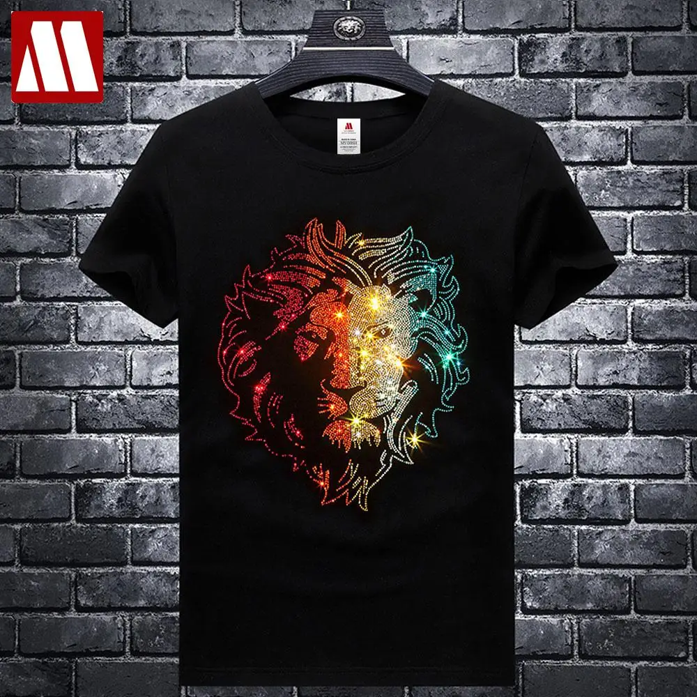 2024 Men\'s Summer Cotton Short Sleeve Colorful Lion Design Print T-shirt Man New Lions King Diamond Tees Tops Animal Pullover