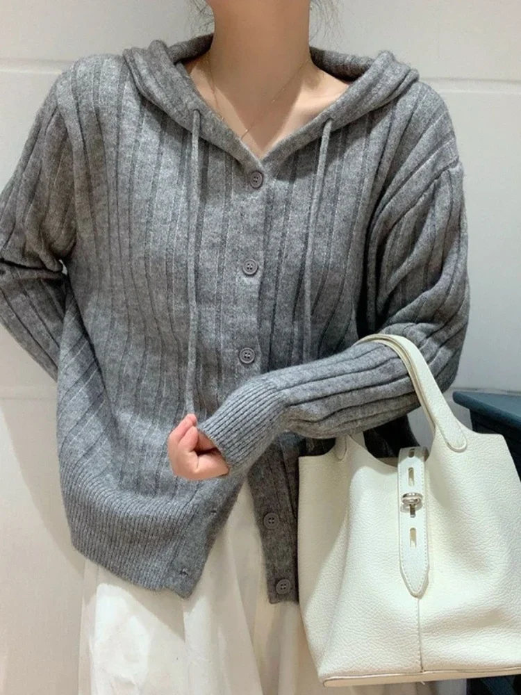 

New Autumn Winter Knitting Fashion Hoodies Long Sleeve Tops Cardigan Women's Clothing Korean Button All-match Simplicity Sweater