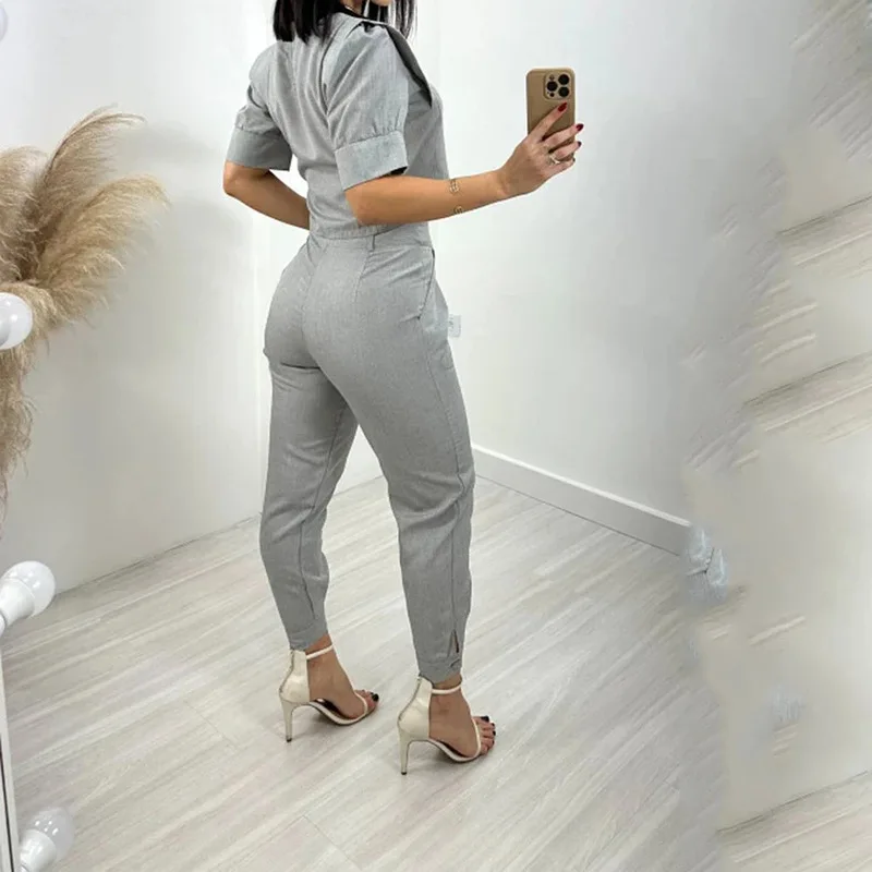 Two Piece Sets Women Pants Set Casual Slim Fit Light Gray Round Neck Short Sleeve High Waist Straight Long Pants Elegant Splice