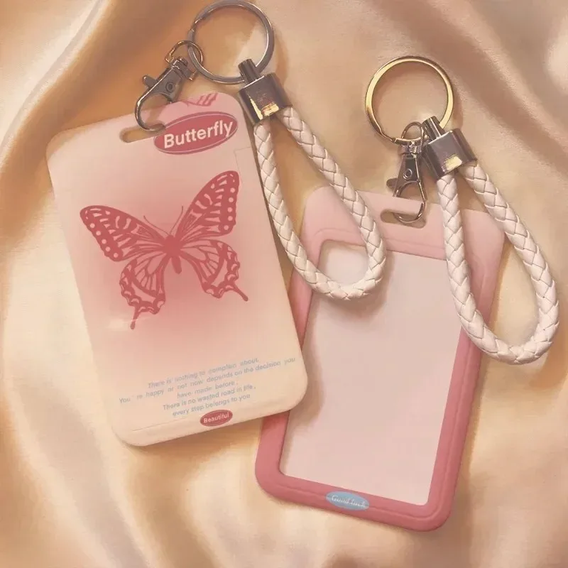 Gradient Color Pink Card Holder for Student Heart Butterfly Kpop Photocard Holder Aesthetic Office Work Card Holder for Women