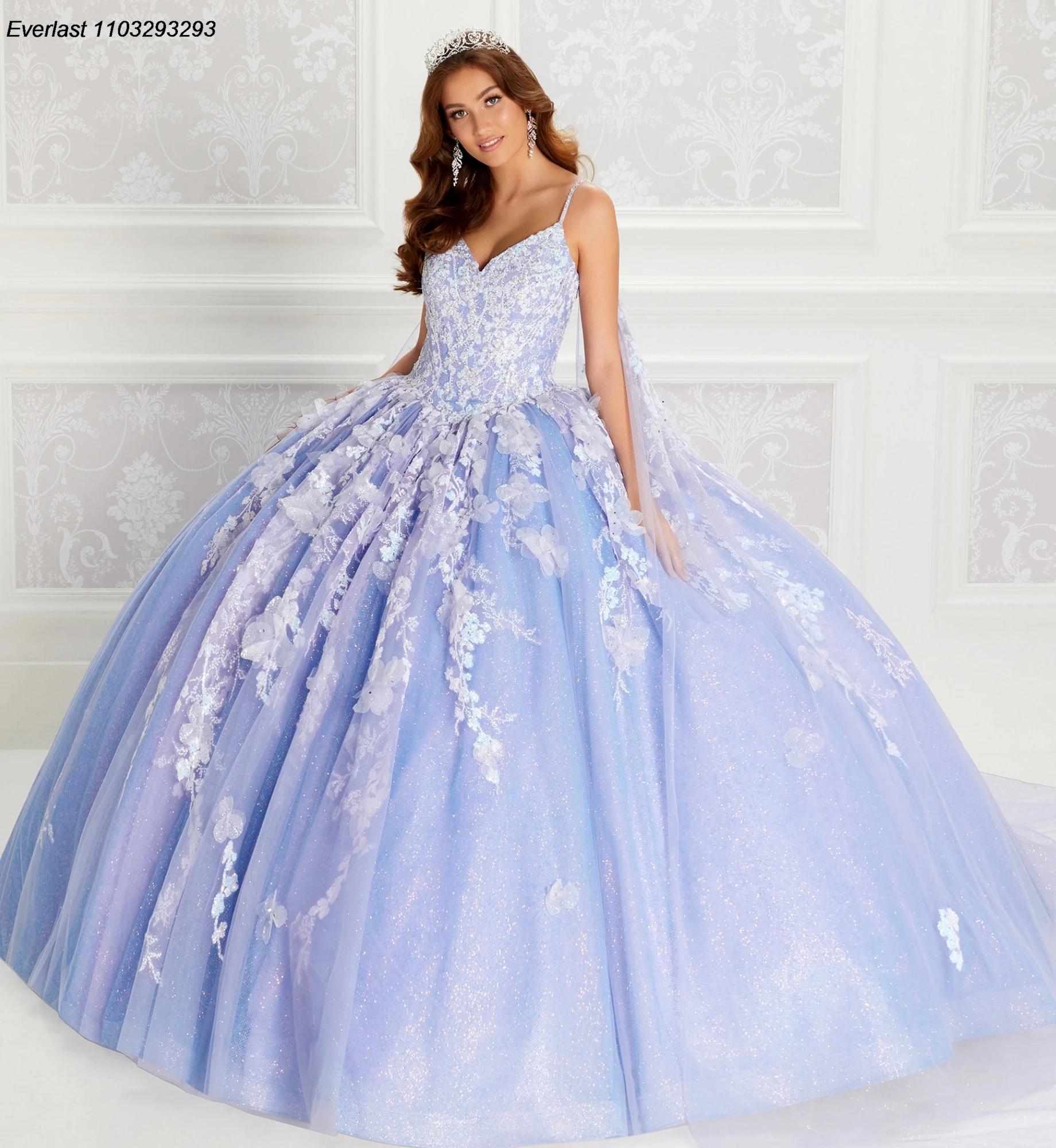 Evlast Glitter Paarse Quinceanera Jurk Baljurk Kanten Applique Kristallen Kralen Met Cape Sweet 16 Vestido De 15 Anos Tqd342