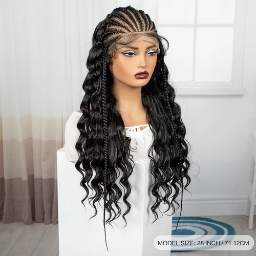 Imagen 2 del producto Pelucas de cabello ondulado profundo Natural con encaje frontal transparente de 28 pulgadas 13x6 con trenzas Cornrow peluca de pelo brasileño rizado sintético para mujeres