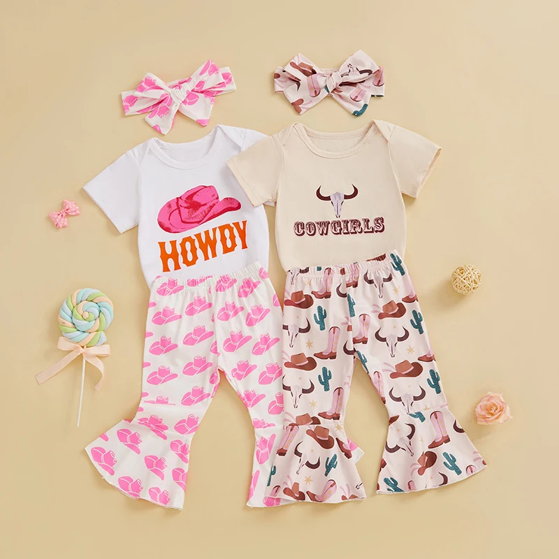 0-18M Baby Girl Outfit Letter T-Shirt+Cattle Head Bell Boots Cowgirl Hat Pants+Headband Summer Clothes Set