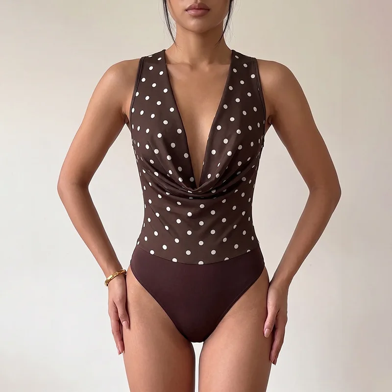 Women Polka Dot Bodysuit Deep V Cowl Neck Sleeveless Body Suit Retro Brown Slim Top 2026 Summer Casual Club Party Ladies Top