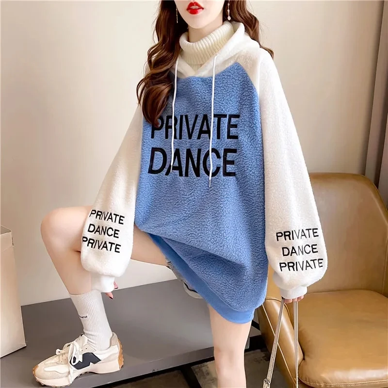 

Imitation Lamb Plush Hoodie Womens 2022 Spring Autumn New Fake Two-piece Sweater Women Thick Korean Loose Hooded Pullover Top