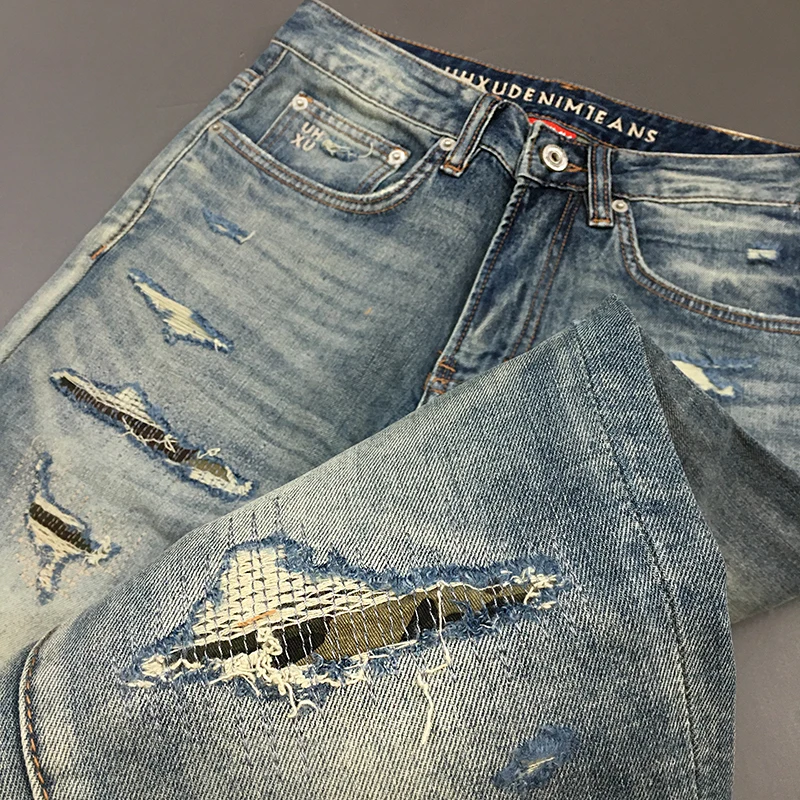Vintage Ripped Stretch Denim Jeans for Men - Summer Lightweight American High-Street Fashion Slim Straight-Cut Cropped Pants