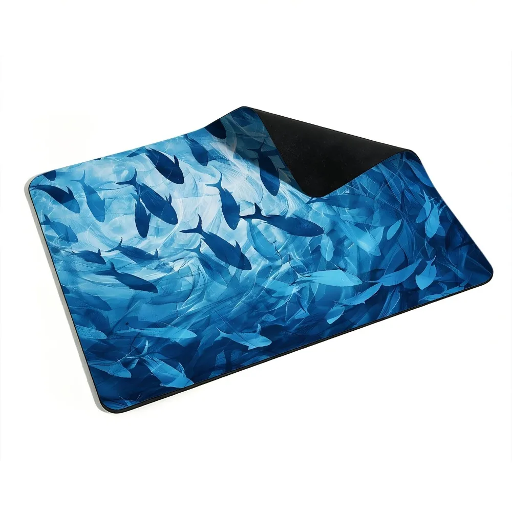Artistic Blue Fish Swirl Desk Mat, Waterproof 8x10in, Ocean Wave Gaming Mouse Pad for Office