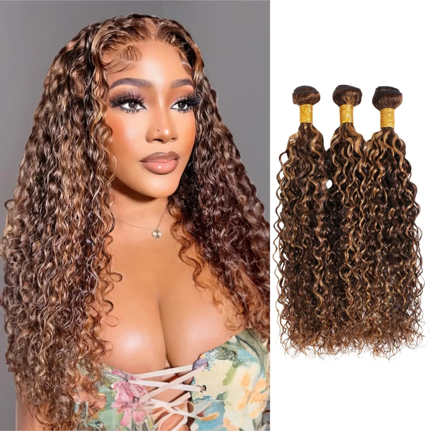 

Highlight Chocolate Brown 20 22 24 Inch Water Wave Bundles Human Hair 12A Unprocessed Virgin Raw Quick Weave Hair
