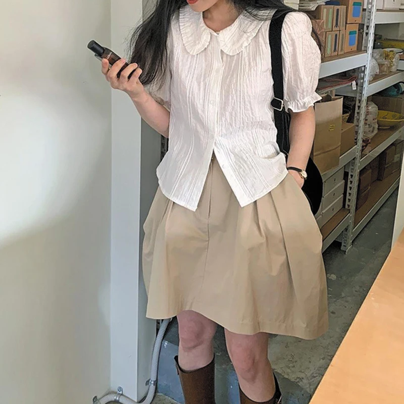 High Waist A-Line Pumpkin Skirt Women's Spring Summer New Style Khaki Folded Fluffy Half-length Skirt for Young Ladies