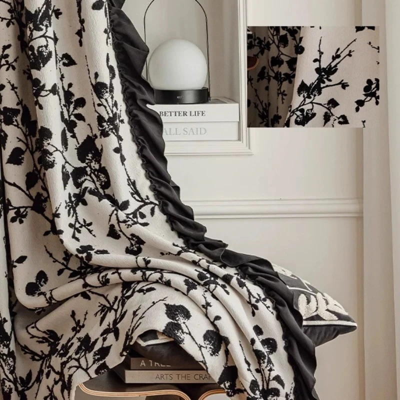 New French Chenille Jacquard Curtains Audrey Hepburn Vintage Black Border Luxury Light Filtering Designer Drapes for Living Room