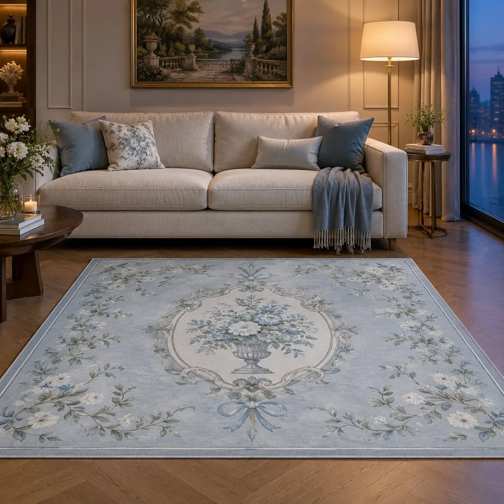 VIKAMA Rug Carpet Pale Blue Grey French Garden Vase Floral Stain Resistant Home Office Study Sitting Room Fireplace Home Decor