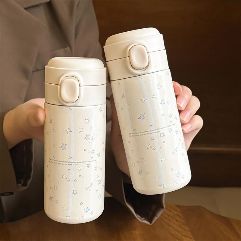 

Cute Simple Thermos Bottles For Girls Blue Stars Stainless Steel Vacuum Insulation Cup Students Outdoor Office Thermal Water Cup