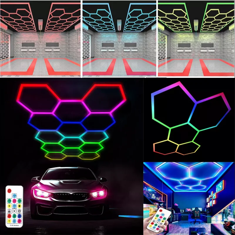 Cutomized Hexagon Led Garage Light Rgb Plafondlampen Kleurverandering Dimbaar Voor Kapper Gaming Wandpaneel, Kamer Decor, Winkel