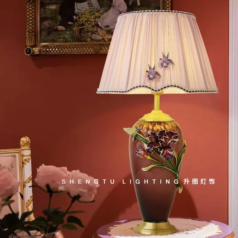 All-copper new Chinese enamel desk lamp, American retro bedroom