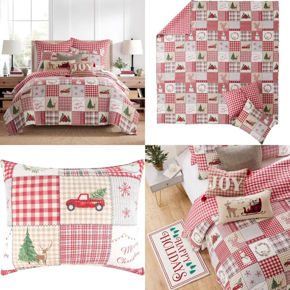 

Christmas Quilt Set for Twin/Twin XL Bed - Festive Holiday Design with Pillow Sham - Green and Red Tones