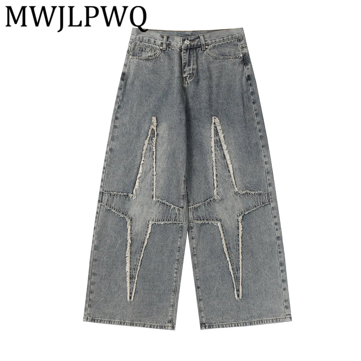 

MWJLPWQ Men's Niche American High Street Washed Patch Spliced Jeans RO Style Rought Edge Design Niched Loose Wide-Leg Pant 21248