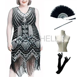 Vestido de fiesta Vintage Flapper de talla grande, conjunto de accesorios del gran Gatsby de los años 20, lentejuelas con flecos, 1920