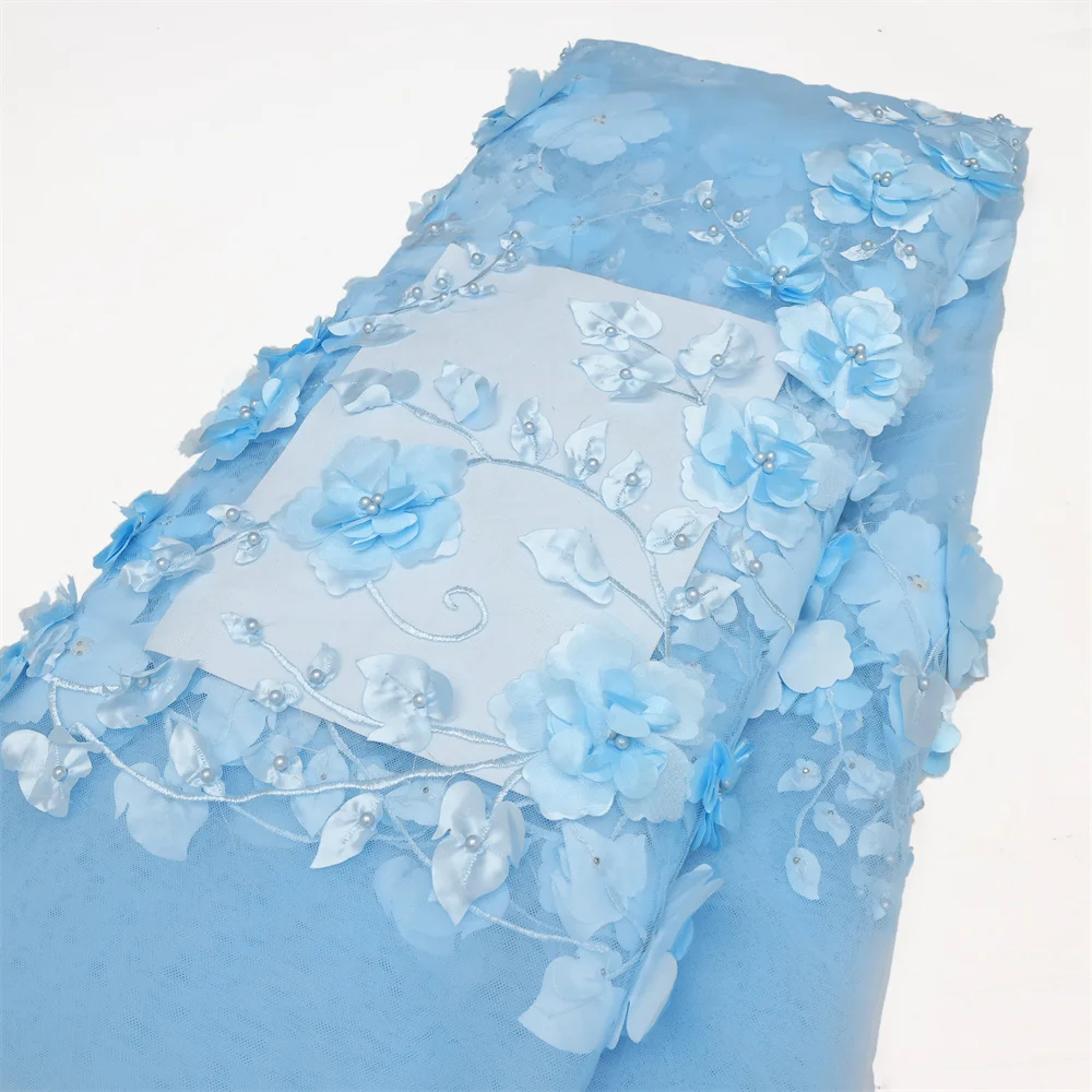 3D Flowers In blue French Lace Fabric 2024 High Quality Lace Net African Lace Fabric With Beads Lace Fabrics For Wedding